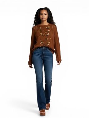 Sézane La Maille Brown Embroidered Sweater S | Floral Knit Paris Chic